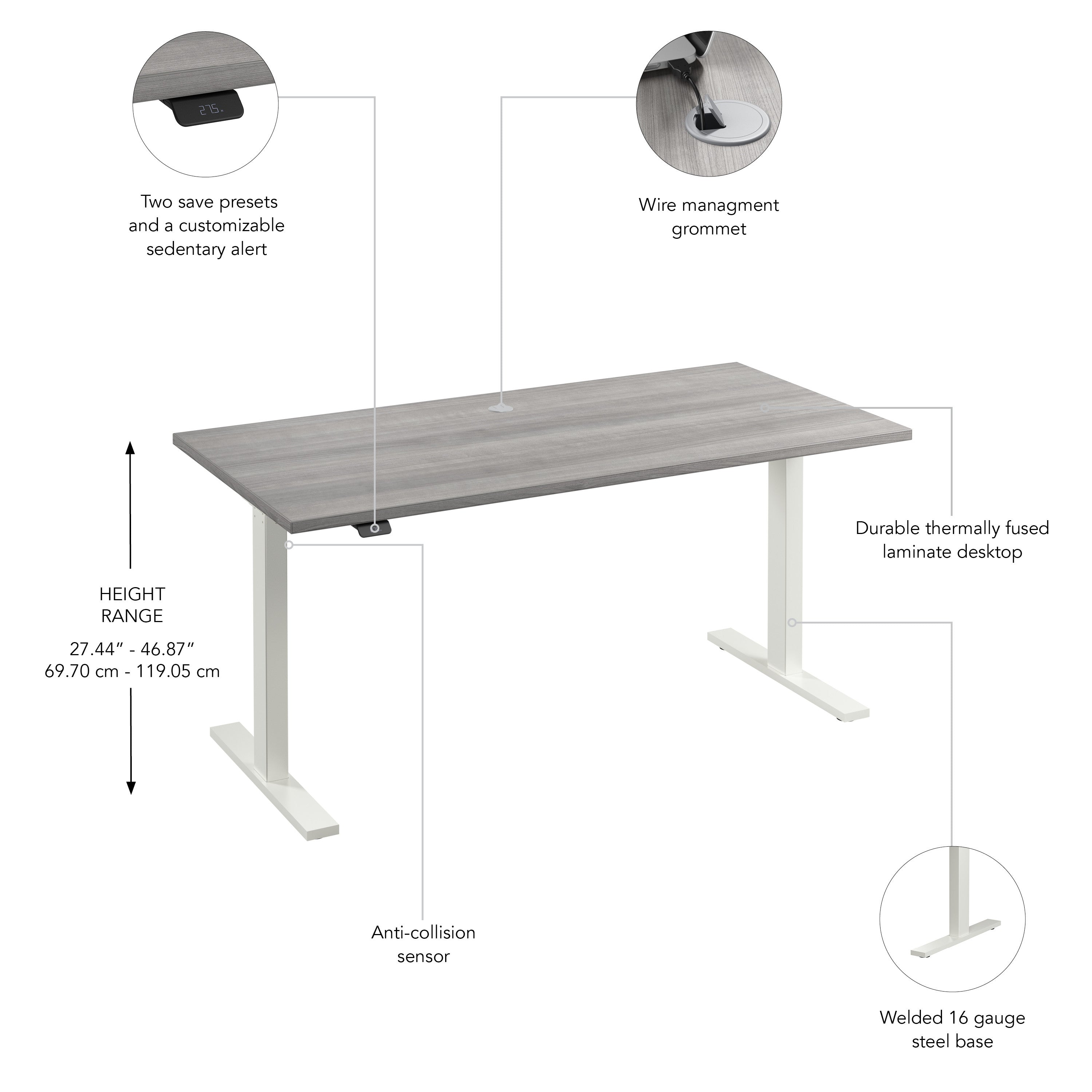 Bush Business Furniture Move 60 Series 60W x 30D Electric Height Adjustable Standing Desk in Platinum Gray with White Base - 59.45" Width x 29.37" Depth x 27.44" Height
