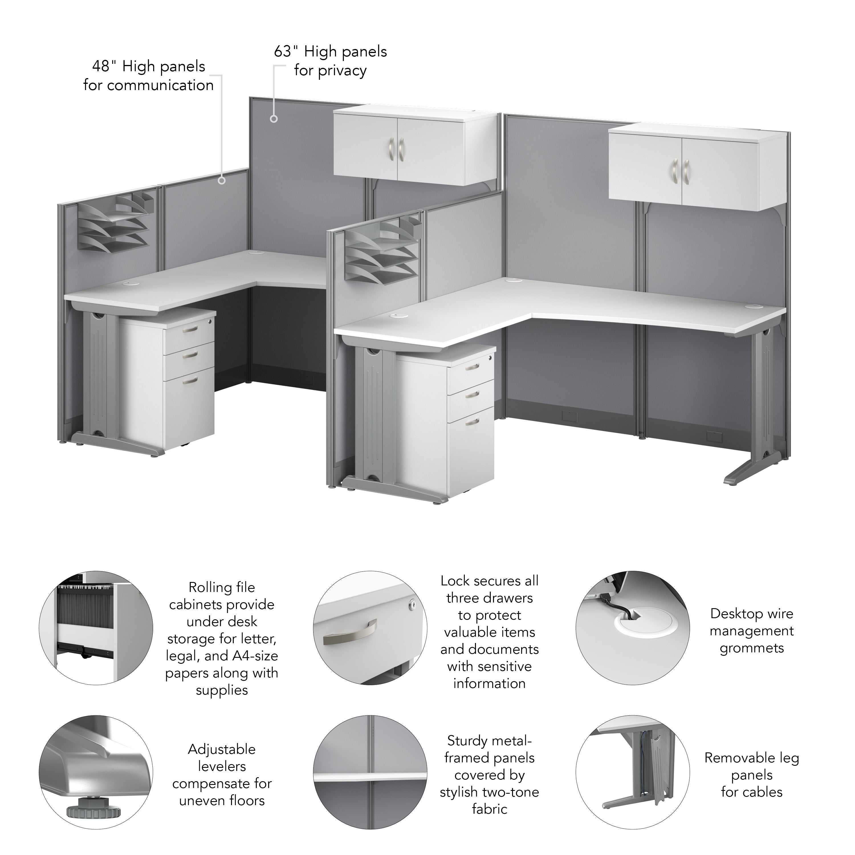 Bush Business Furniture Office in an Hour 2 Person L Shaped Cubicle Desks with Storage, Drawers, and Organizers in Pure White - 128.97" Width x 64.48" Depth x 62.86" Height