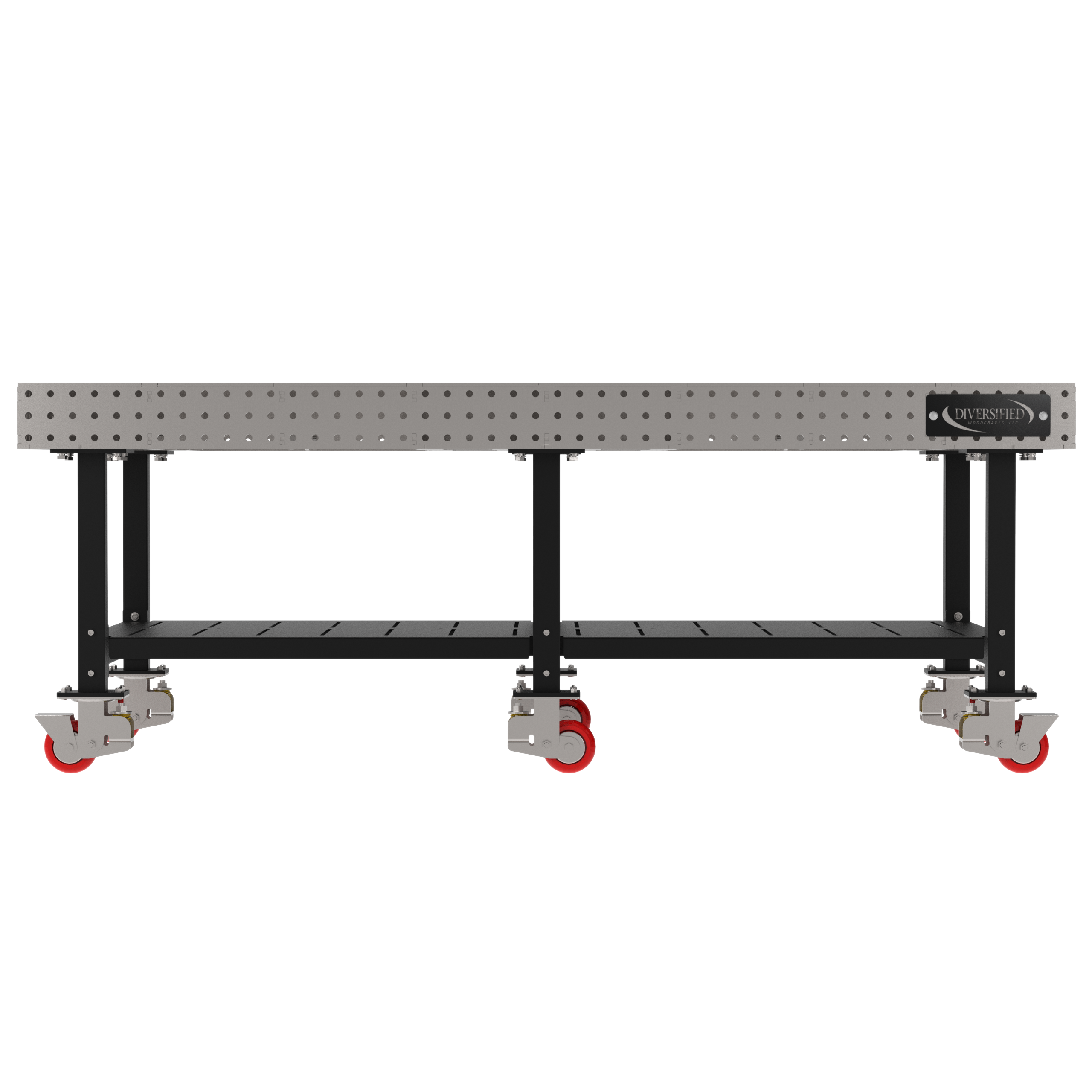 Welding Fixture Table, Fixed Height, 36"H x 96"L x 48"D, 1/4" Carbon Steel Top, Six Black Powdercoat Legs, Shelf, 6 Heavy Duty Suspension Casters (4 Locking/Swiveling Casters and 2 Non-Locking/Non-SwivelingCasters)