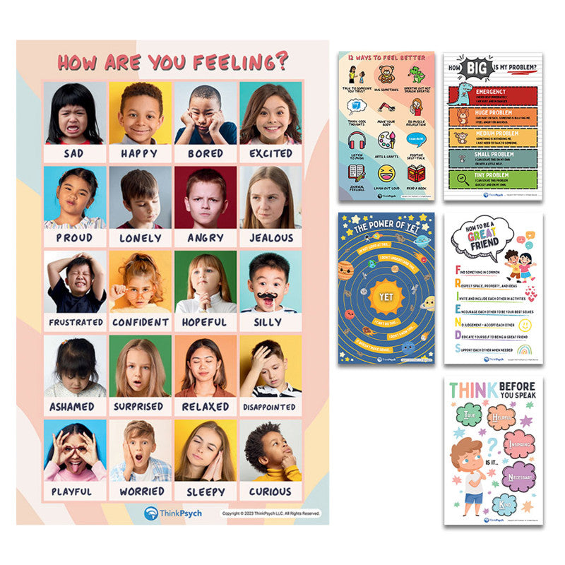 Laminated Feelings & Life Skills Posters for Kids, 11" x 17", English & Spanish, Set of 6