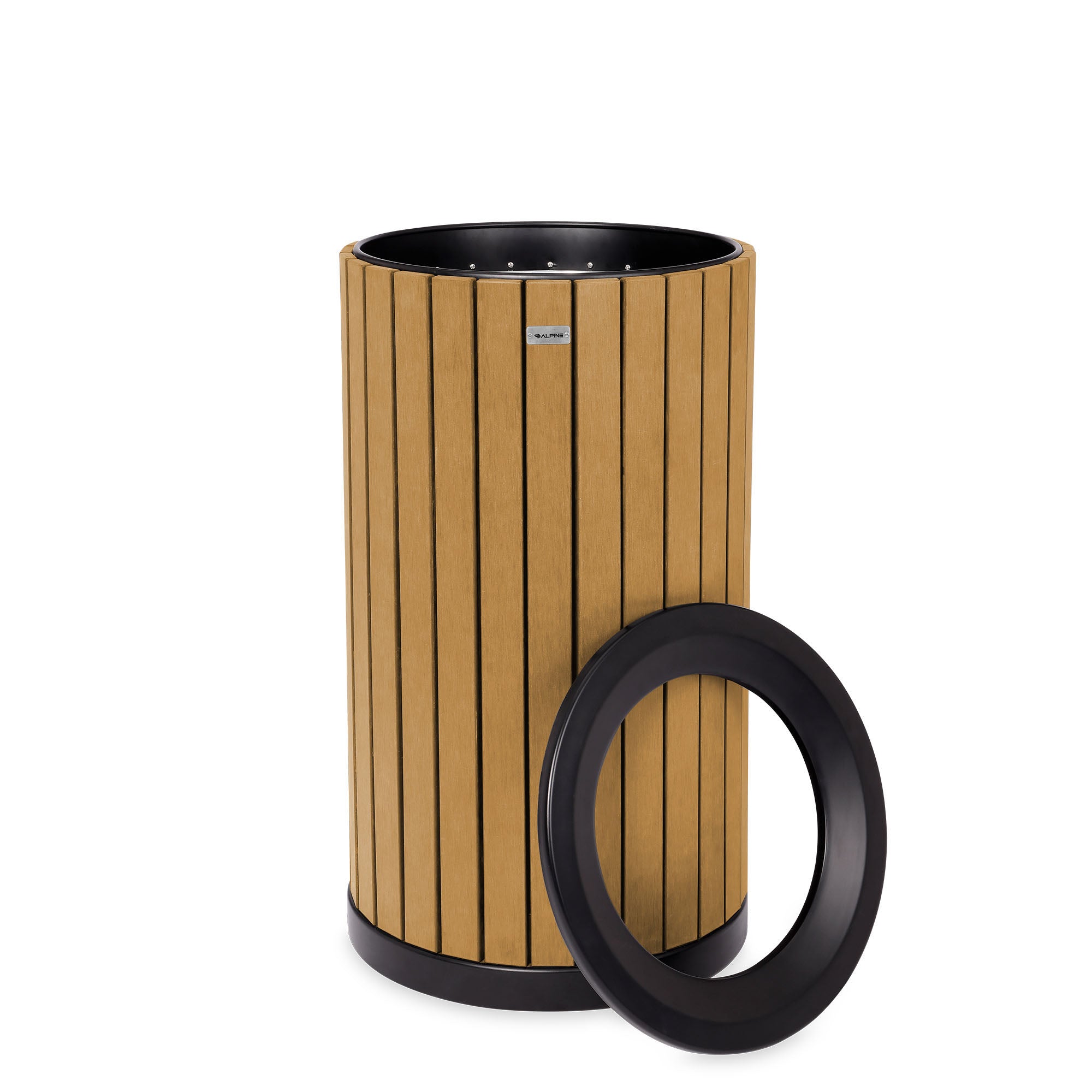 Round, 32-Gallon Outdoor Trash Container with Slatted Recycled Plastic Panels - Cedar