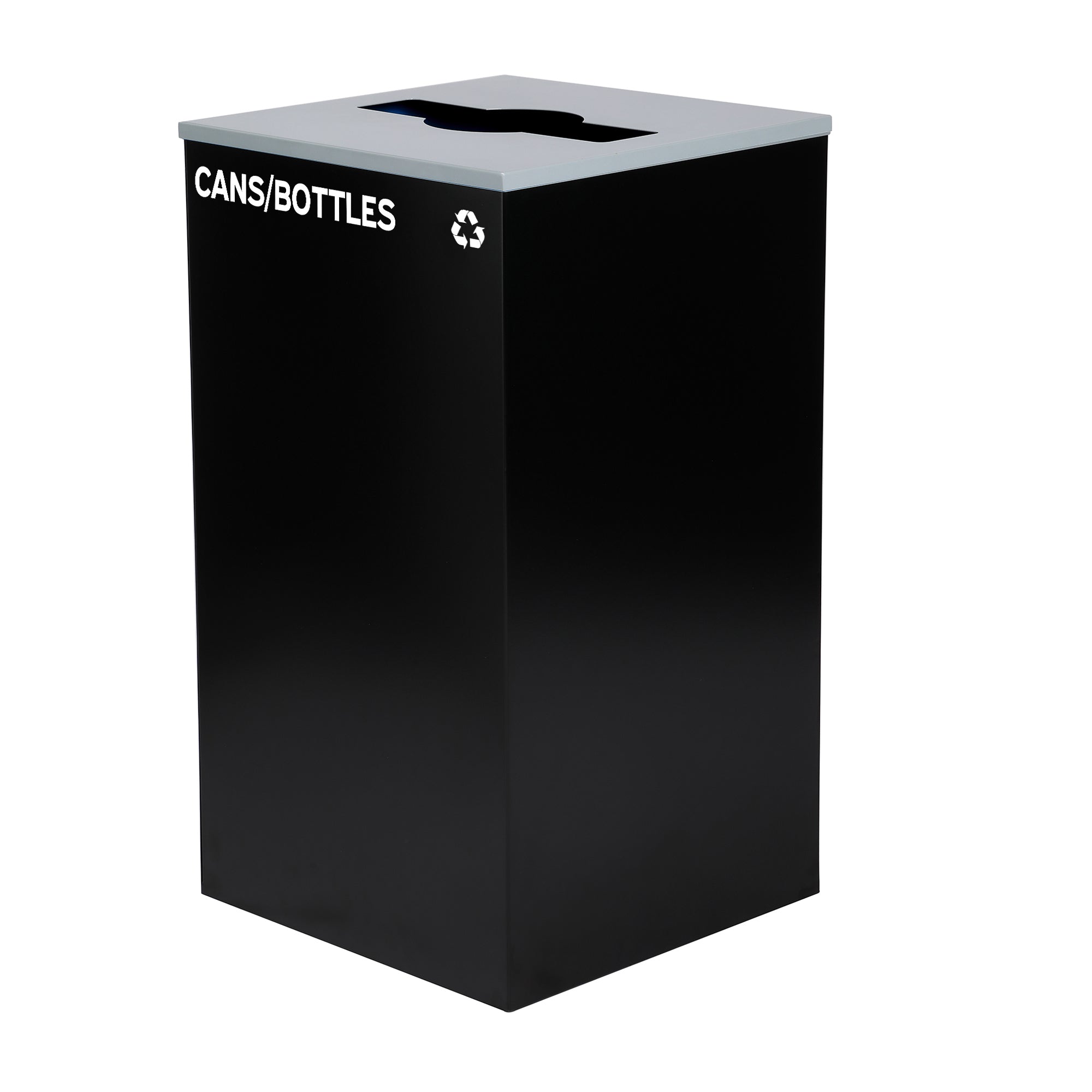 Square Recycling Bin – 29 Gallons - Black Can, Mixed Opening Lid, for Cans/Bottles