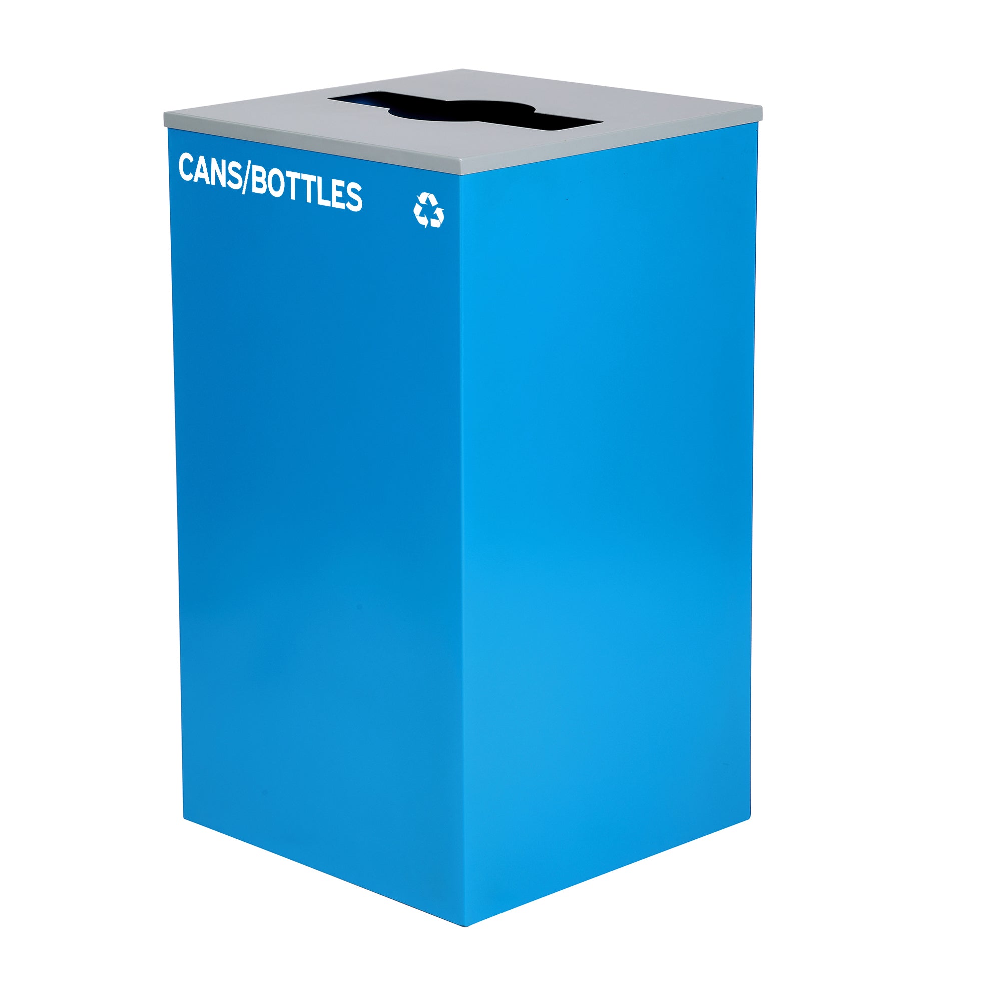 Square Recycling Bin – 29 Gallons - Blue Can, Mixed Opening Lid, for Cans/Bottles
