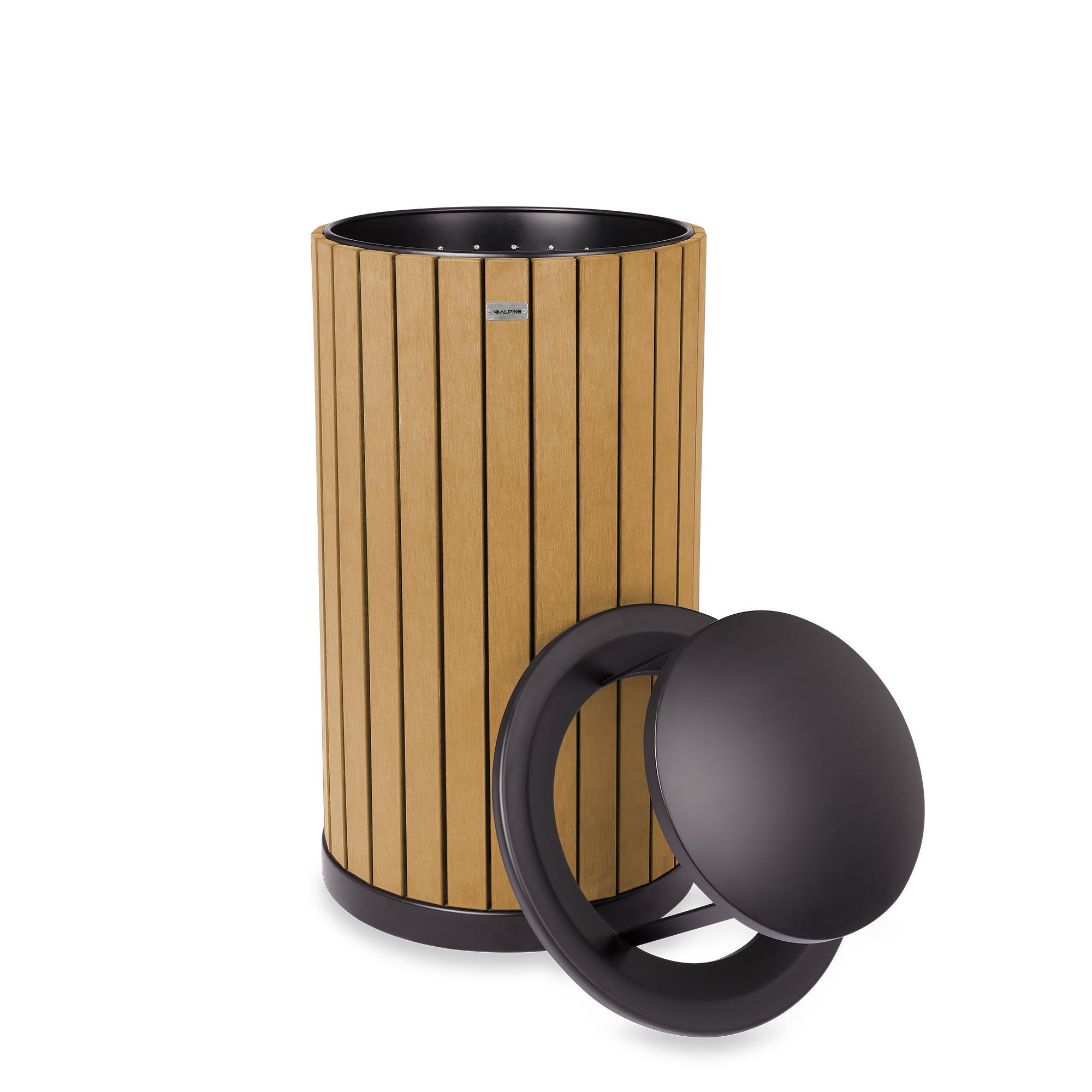Round, 32-Gallon Outdoor Trash Container with Slatted Recycled Plastic Panels - Rain Bonnet Lid - Cedar