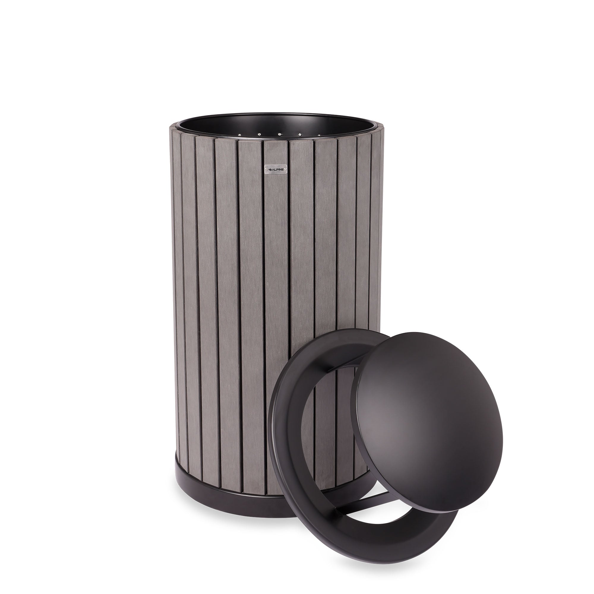 Round, 32-Gallon Outdoor Trash Container with Slatted Recycled Plastic Panels - Rain Bonnet Lid - Grey