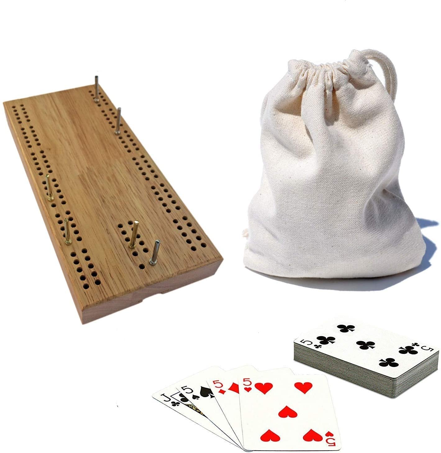 7 Inch Travel Cribbage Set - Solid Hardwood Board with Cards and Bag