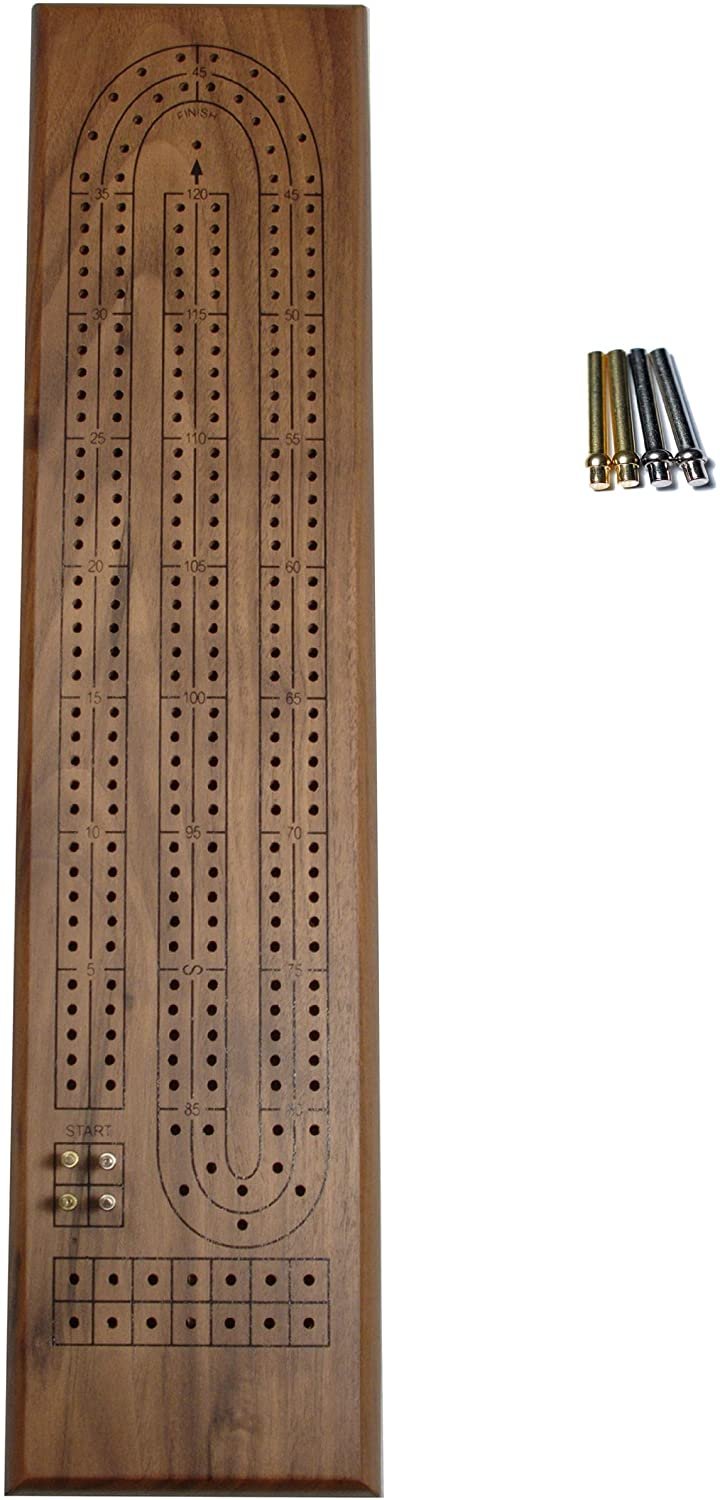 Classic Cribbage Set - Solid Wood Continuous 2 Track Board with Metal Pegs