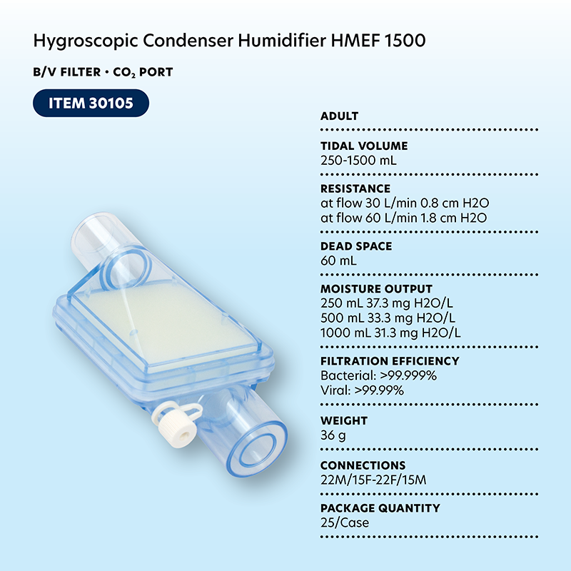 Hygroscopic Condenser Humidifier (HMEF) 1500, BV Filter, CO2,  - 25 per Case