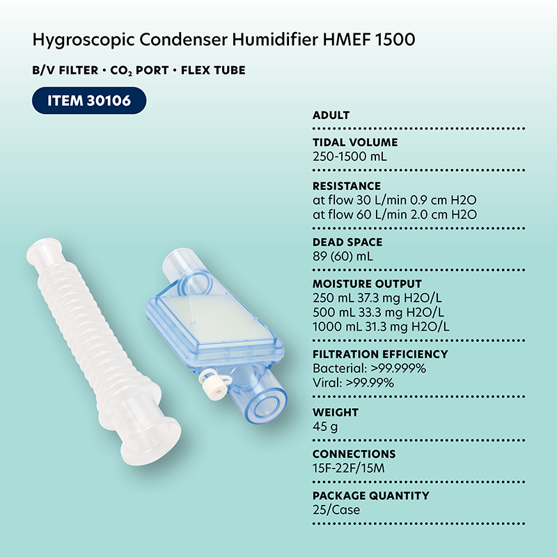 Hygroscopic Condenser Humidifier (HMEF) 1500, BV Filter, CO2, with Flex Tube,  - 25 per Case