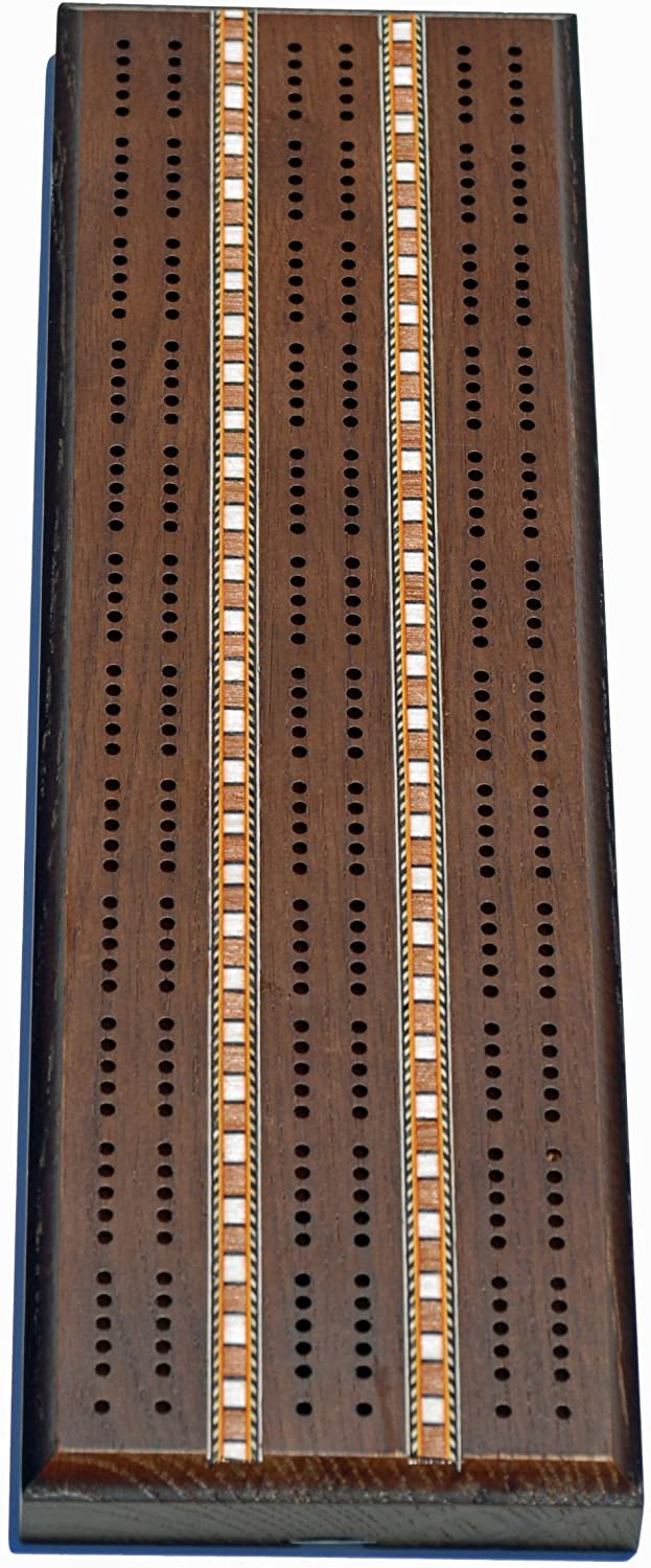 Classic Cribbage Set - Solid Wood with Inlay Sprint 3 Track Board with Metal Pegs
