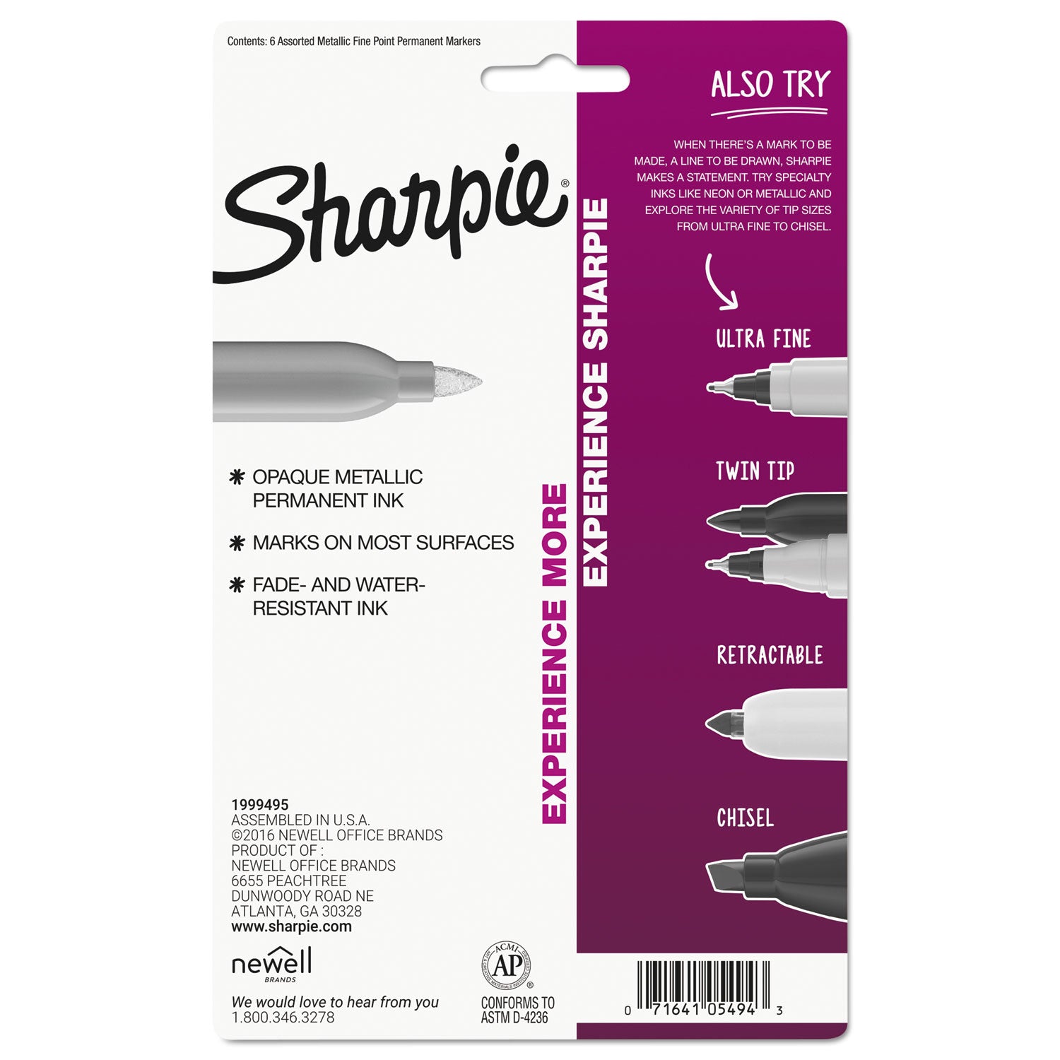Sharpie Metallic Permanent Markers - Fine Marker Point - Assorted Ink - 6 / Pack