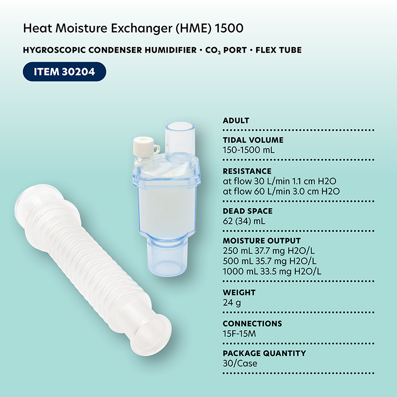 Heat Moisture Exchanger (HME) 1500, HCH, CO2 Port, Flex Tube  - 50 Boxes per Case