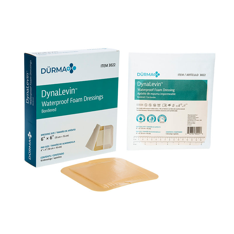 DynaLevin - Waterproof Foam Dressing Bordered, 6" x 6" - 10 pcs per Box/12 boxes per Case