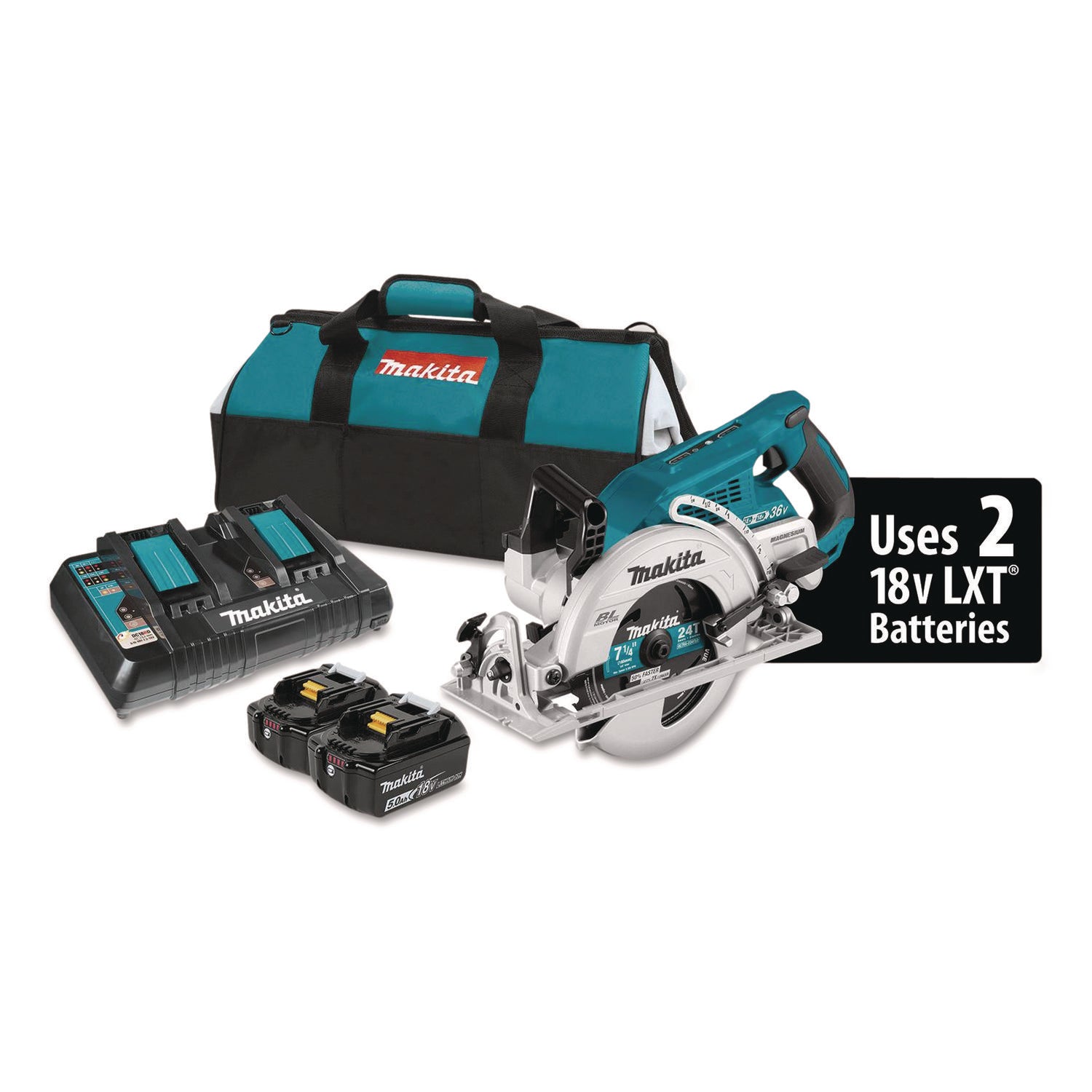 18V X2 (36V) LXT Brushless 7.25" Cordless Rear Handle Circular Saw Kit With Batteries, 5, 100 RPM, 0 To +53 Degree Bevel Range
