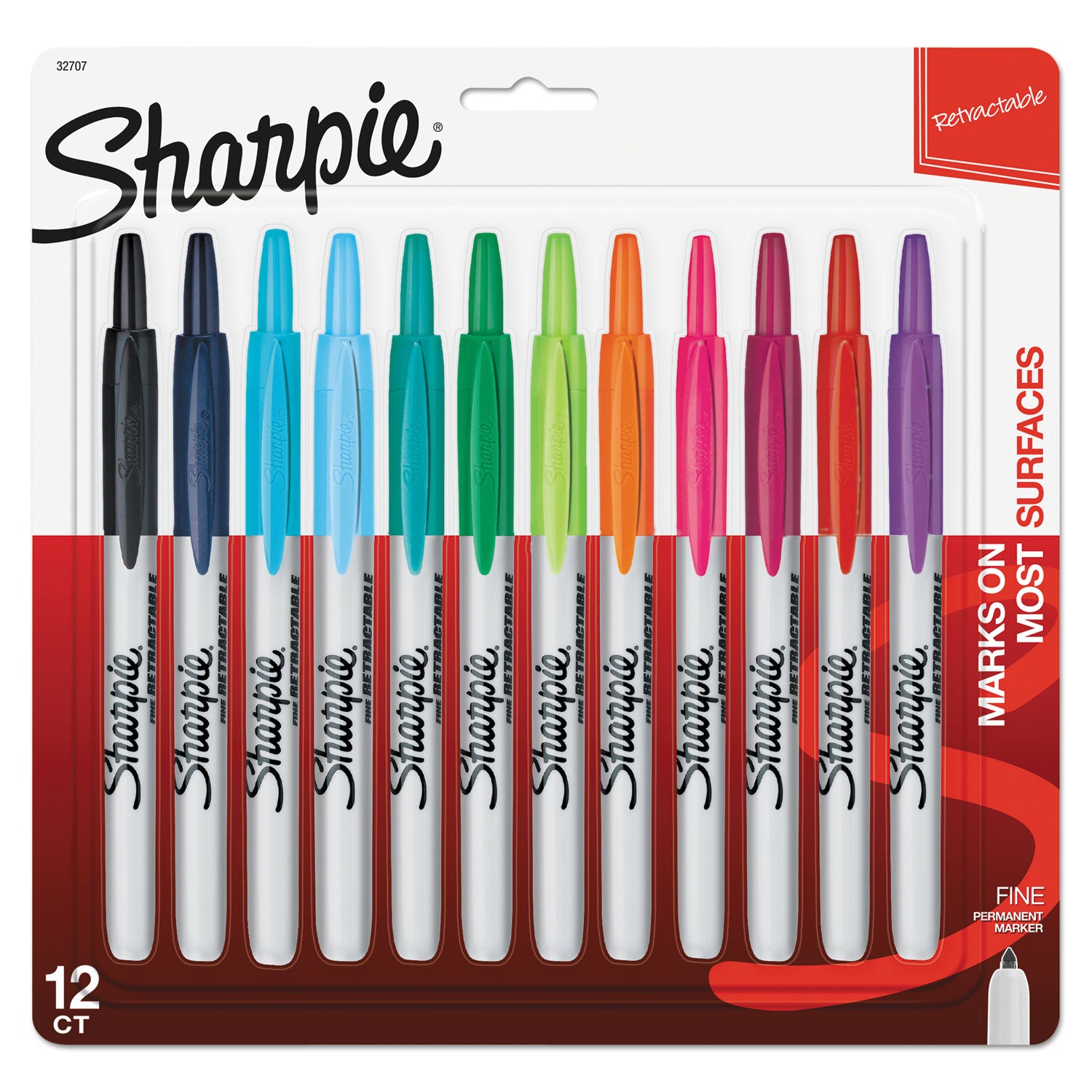 Sharpie Retractable Fine Point Permanent Marker - Fine Marker Point - Retractable - Aqua, Berry, Black, Blue, Green, Lime, Navy, Orange, Plum, Purple, Red, ... Ink - 12 / Set