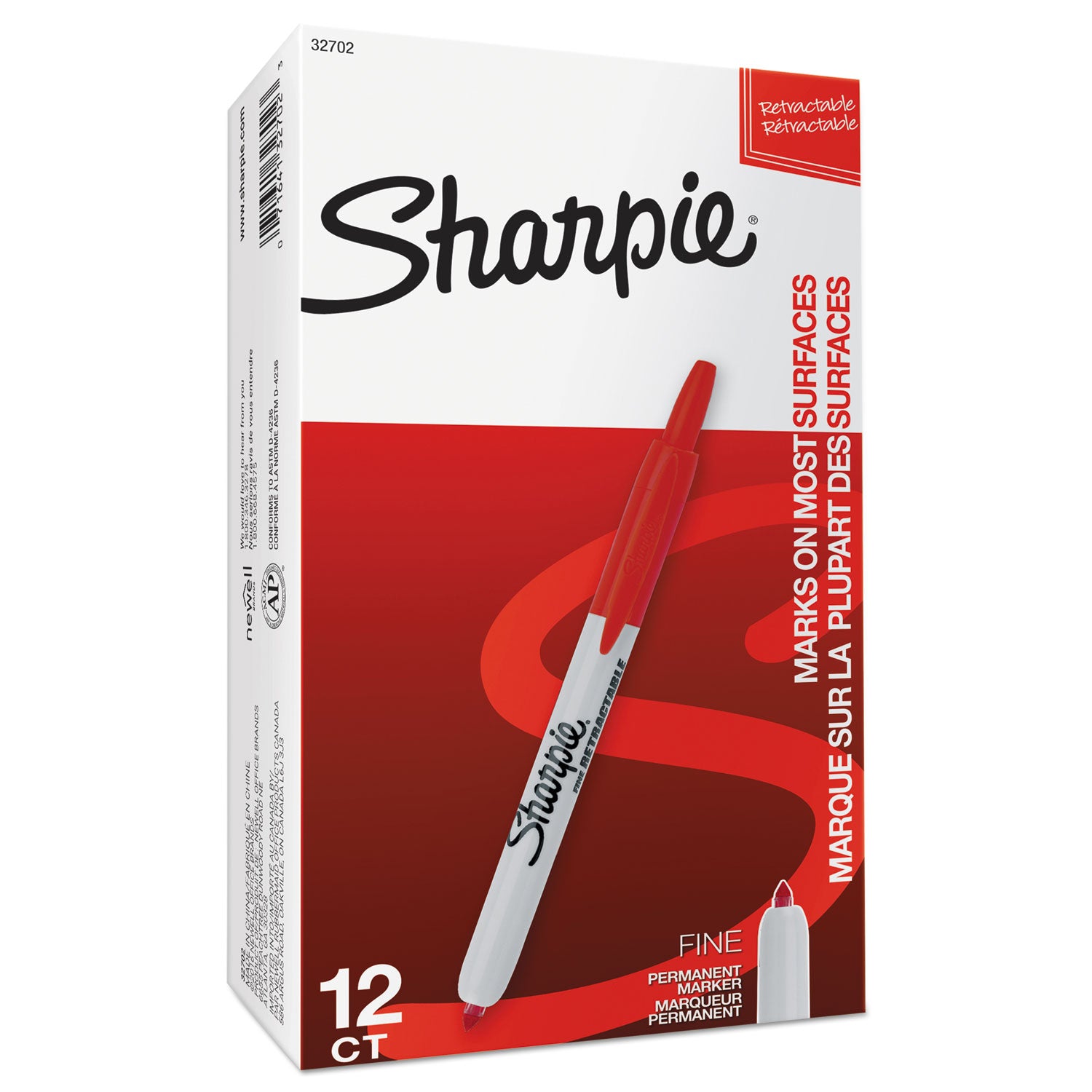 Sharpie Retractable Fine Point Permanent Marker - Fine Marker Point - Retractable - Red Ink - 1 Dozen