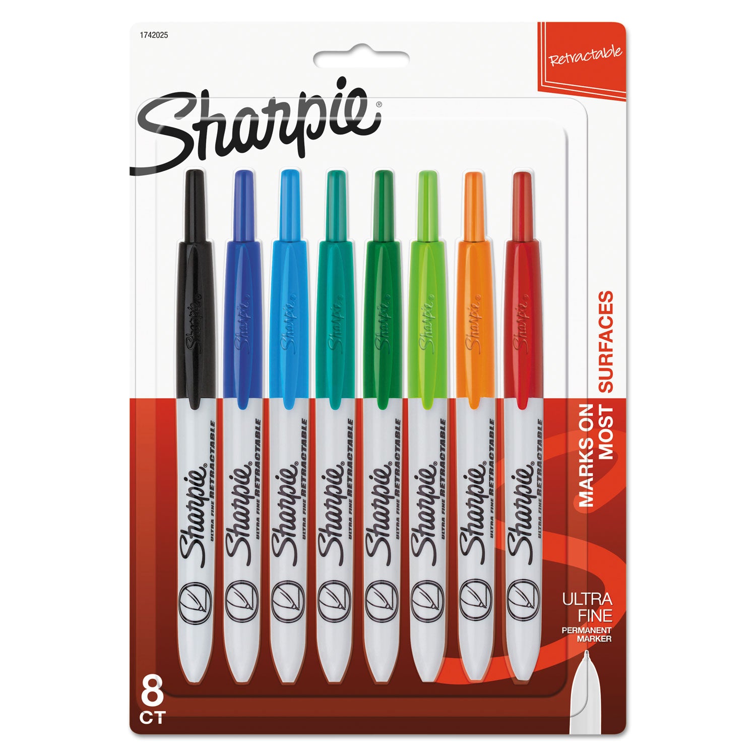 Sharpie Retractable Ultra Fine Point Permanent Marker - Ultra Fine Marker Point - Retractable - Aqua, Black, Blue, Green, Lime, Red, Tangerine, Turquoise Ink - 8 / Set