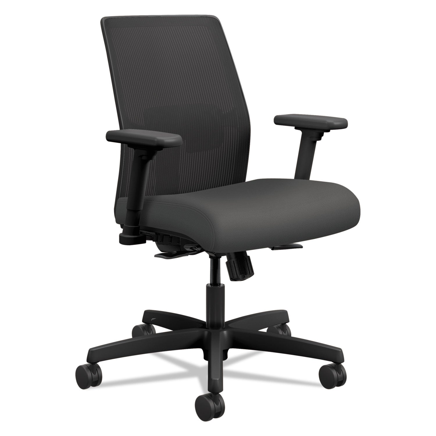 HON Ignition 2.0 Chair, Iron Ore Fabric Seat, Black Mesh Back, Adjustable Arms, Black Frame, 1 Each