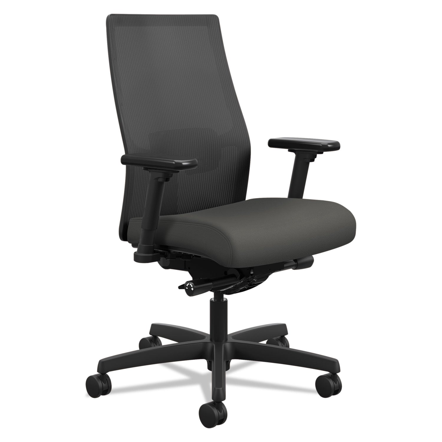 HON Ignition 2.0 Mid-Back Task Chair, Iron Ore Fabric Seat, Black Mesh Back, Adjustable Arms, Black Frame, 360° Swivel, 1 Each