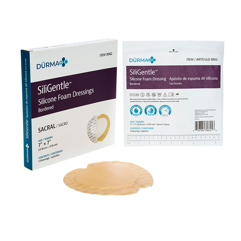 SiliGentle - Silicone Bordered Foam Dressing, Sacral, 7" x 7" - 5 pcs per Box/12 boxes per Case