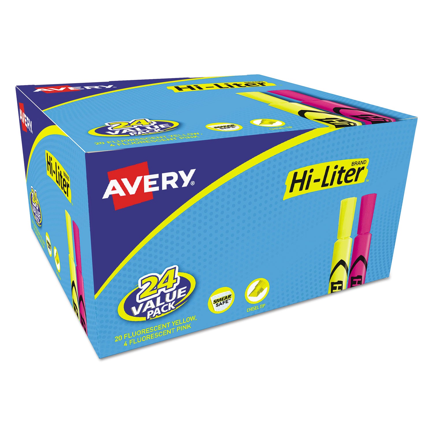 Hi-Liter® Pink and Yellow Highlighters, Desk Style, Chisel Tip, 24 Total