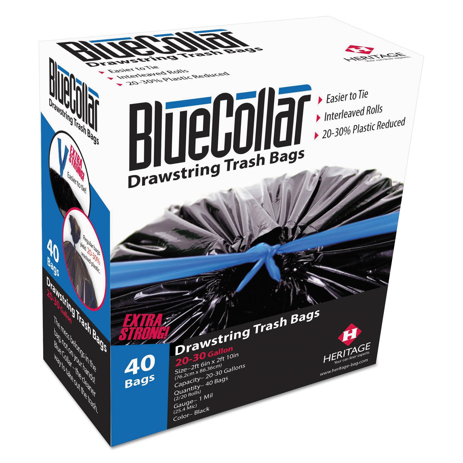 BlueCollar 30-gallon Drawstring Trash Bags - 30 gal Capacity - 34" Length x 30" Width x 1 mil (25 Micron) Thickness - Drawstring Closure - Black - Garbage - 40 / Box
