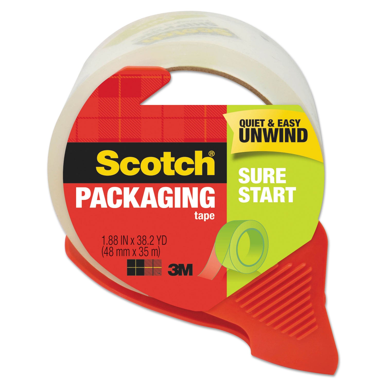 Scotch Sure Start Packaging Tape - 38.20 yd Length x 1.88" Width x 2.6 mil Thickness - 3" Core - Clear - Synthetic Rubber Backing - Dispenser Included - Handheld Dispenser - Breakage Resistance - For Mailing, Moving, Packing, Sealing - 1 Roll