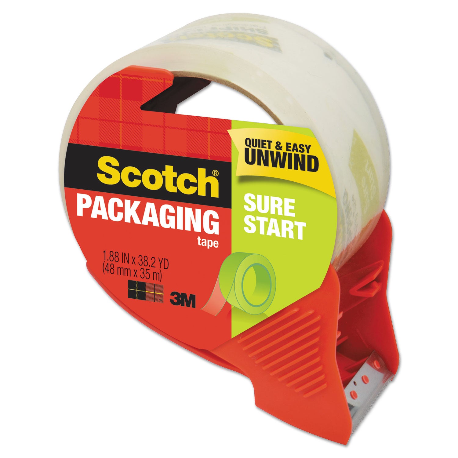 Scotch Sure Start Packaging Tape - 38.20 yd Length x 1.88" Width x 2.6 mil Thickness - 3" Core - Clear - Synthetic Rubber Backing - Dispenser Included - Handheld Dispenser - Breakage Resistance - For Mailing, Moving, Packing, Sealing - 1 Roll