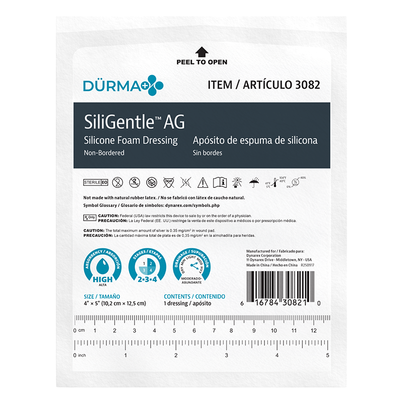SiliGentle AG - Silicone Foam Dressing, 4" x 5" - 10 pcs per Box/5 boxes per Case