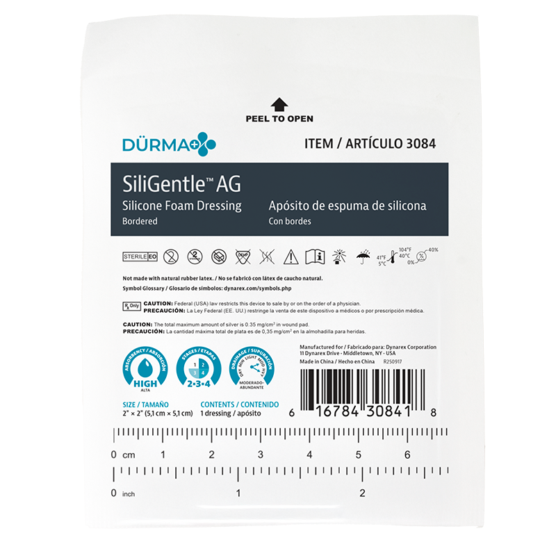 SiliGentleAG - Silicone Bordered Foam Dressing, 2" x 2" - 10 pcs per Box/5 boxes per Case