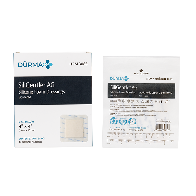 SiliGentleAG - Silicone Bordered Foam Dressing, 4" x 4" - 10 pcs per Box/5 boxes per Case