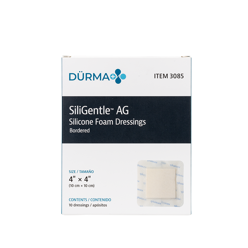 SiliGentleAG - Silicone Bordered Foam Dressing, 4" x 4" - 10 pcs per Box/5 boxes per Case