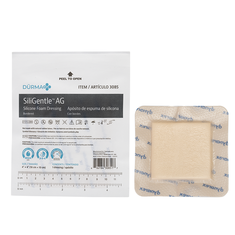 SiliGentleAG - Silicone Bordered Foam Dressing, 4" x 4" - 10 pcs per Box/5 boxes per Case