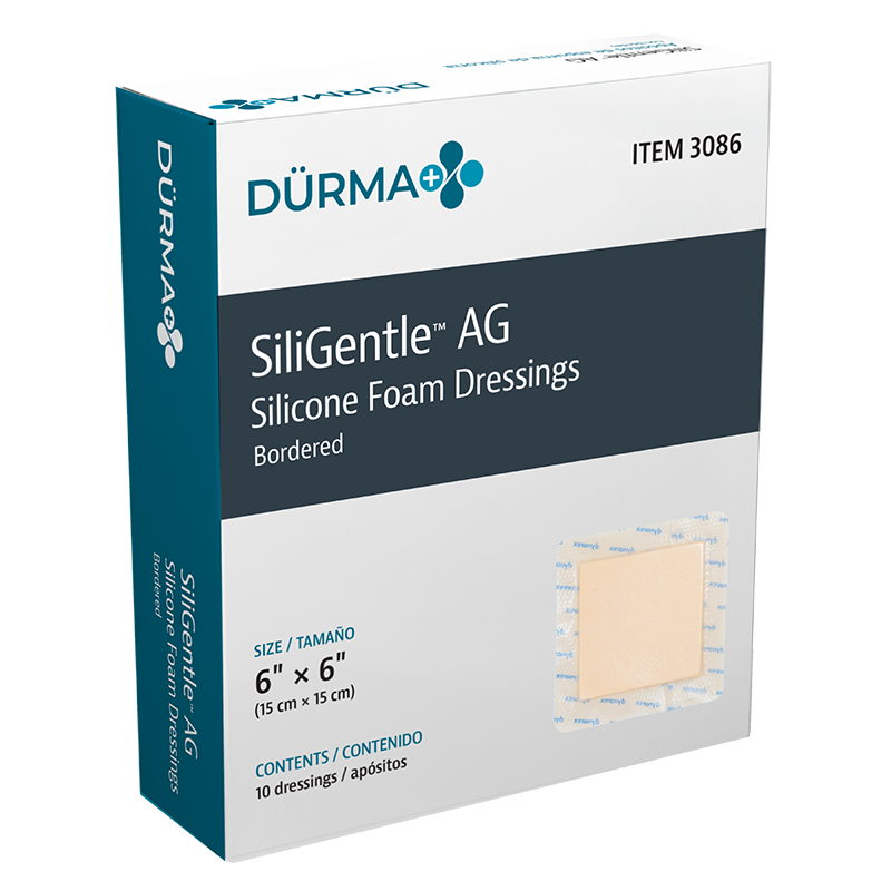 SiliGentleAG - Silicone Bordered Foam Dressing, 6" x 6" - 10 pcs per Box/5 boxes per Case