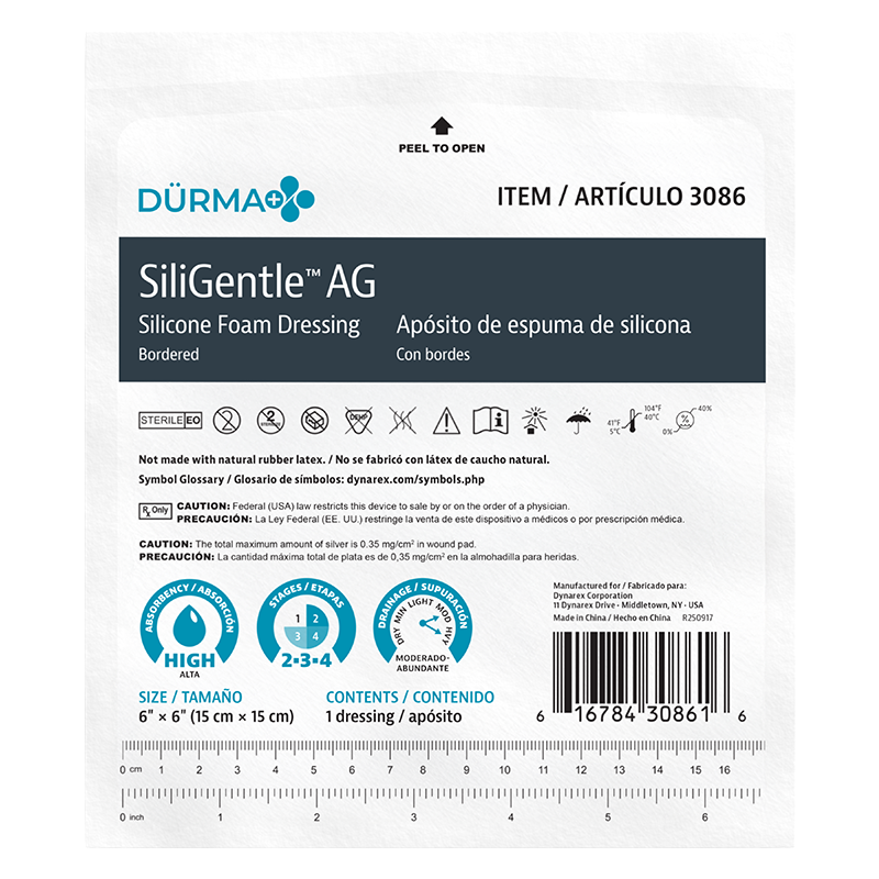 SiliGentleAG - Silicone Bordered Foam Dressing, 6" x 6" - 10 pcs per Box/5 boxes per Case