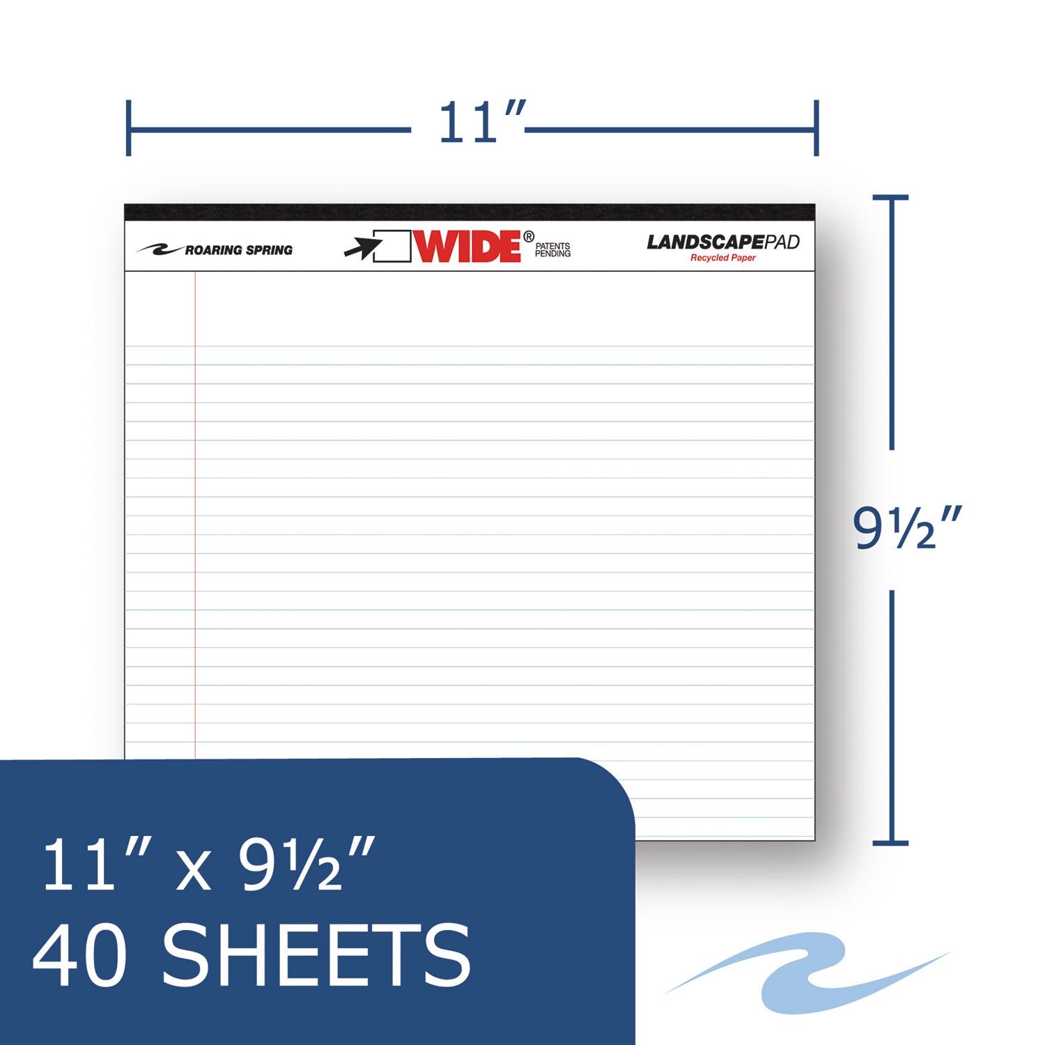 Roaring Spring Wide College Ruled Landscape Legal Pad, 40 Sheets, 80 Pages, 11" x 9.5", White, Stapled/Tapebound, Black Binding, Recycled, 1 Each