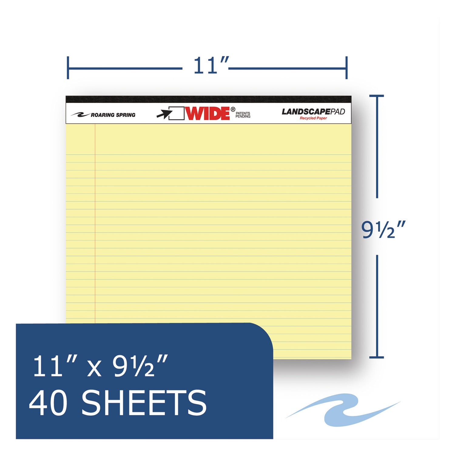 Roaring Spring Wide College Ruled Landscape Legal Pad, 40 Sheets, 80 Pages, 11" x 9.5", Canary Paper, Red Margin, Black Stapled/Tapebound, Recycled, 1 Each