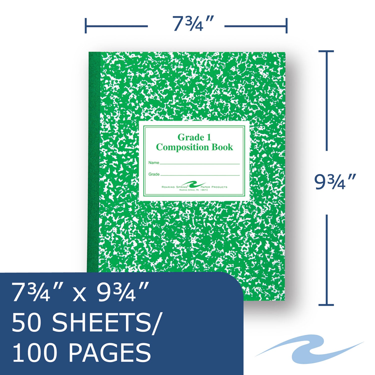 Roaring Spring Grade School Ruled Marble Flexible Cover Composition Book, 50 Sheets, 100 Pages, 9 3/4" x 7 3/4", White Paper, Green Marble Cover, 1 Each