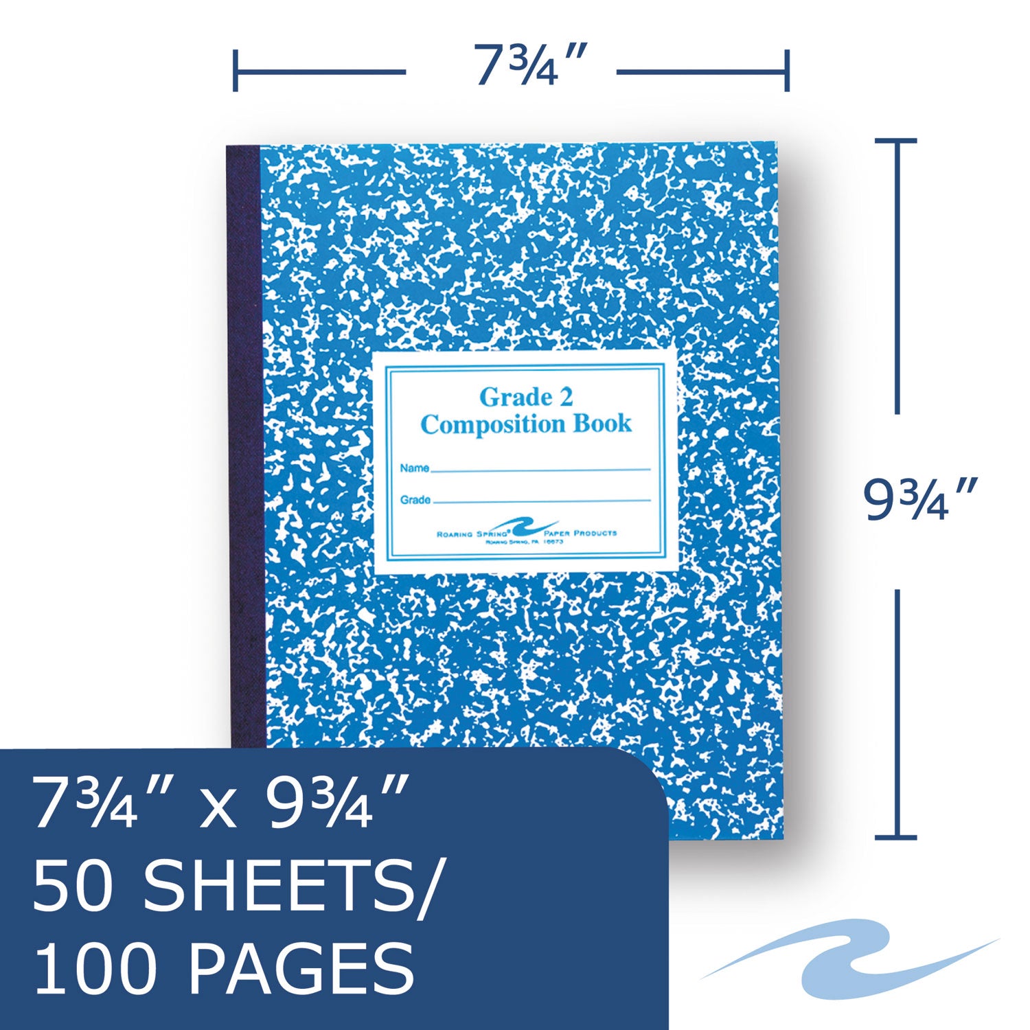 Roaring Spring Grade School Ruled Marble Flexible Cover Composition Book, 50 Sheets, 100 Pages, 9 3/4" x 7 3/4", Blue Marble Cover, Red Binding, 1 Each