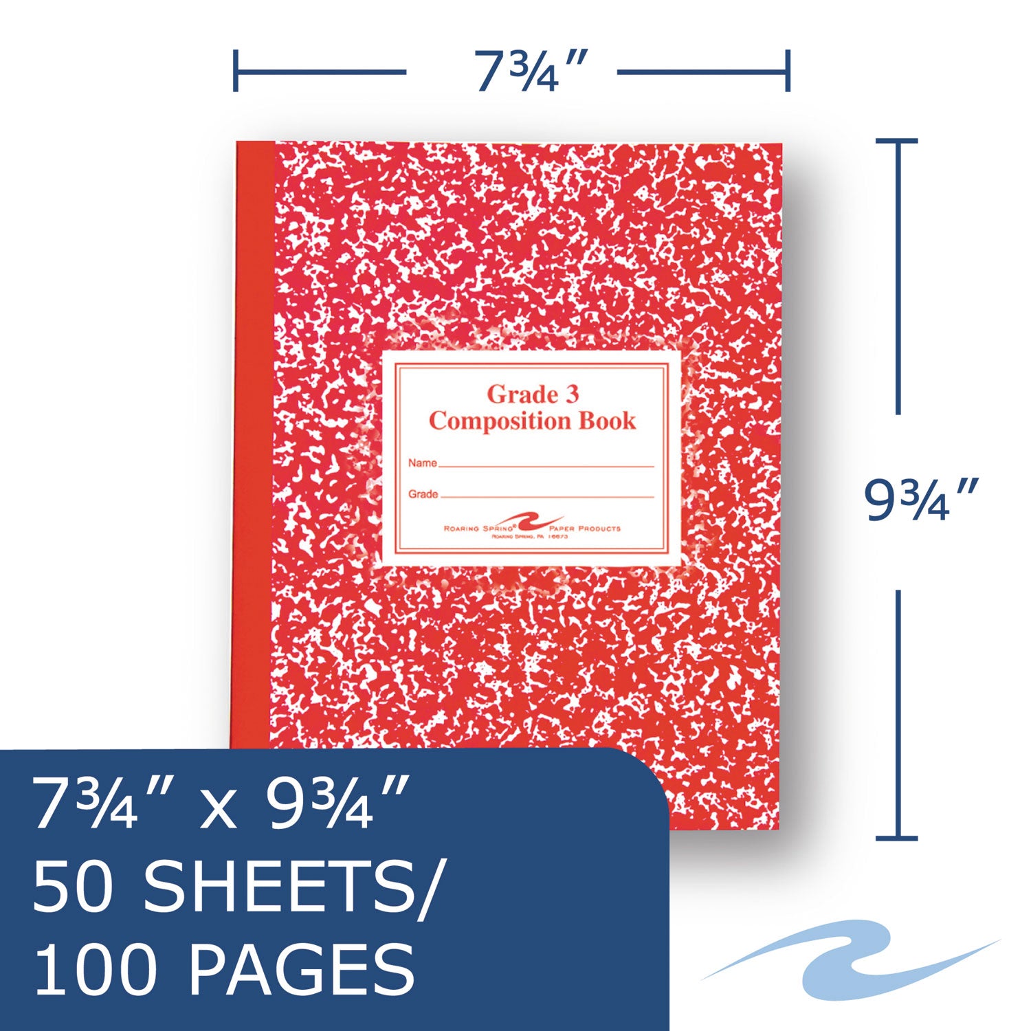 Roaring Spring Grade School Ruled Marble Flexible Cover Composition Book, 50 Sheets, 100 Pages, 9 3/4" x 7 3/4", Red Marble Cover, Blue Binding, 1 Each
