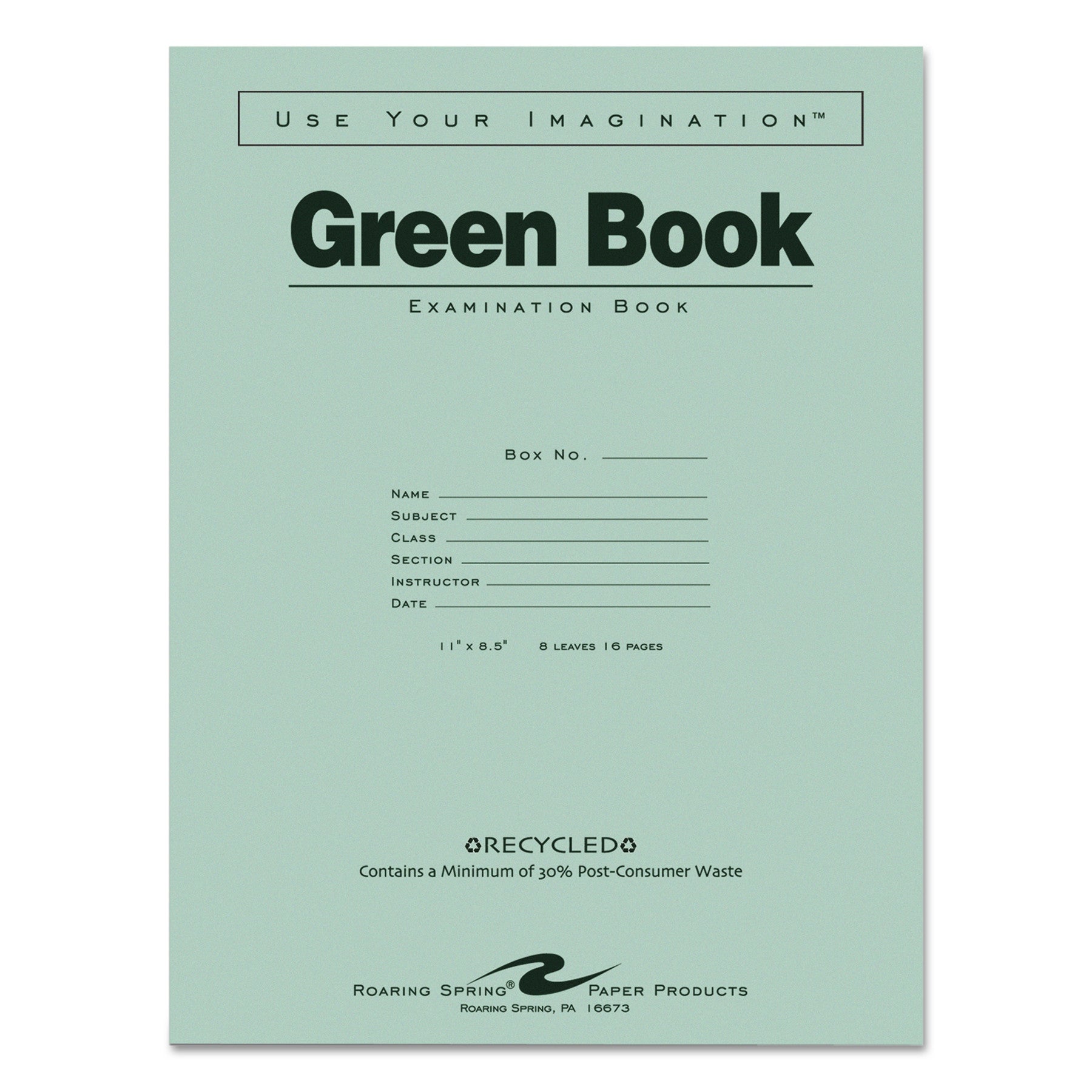 Green Books Exam Books, Wide/Legal Rule, Green Cover, (8) 11 X 8.5 Sheets
