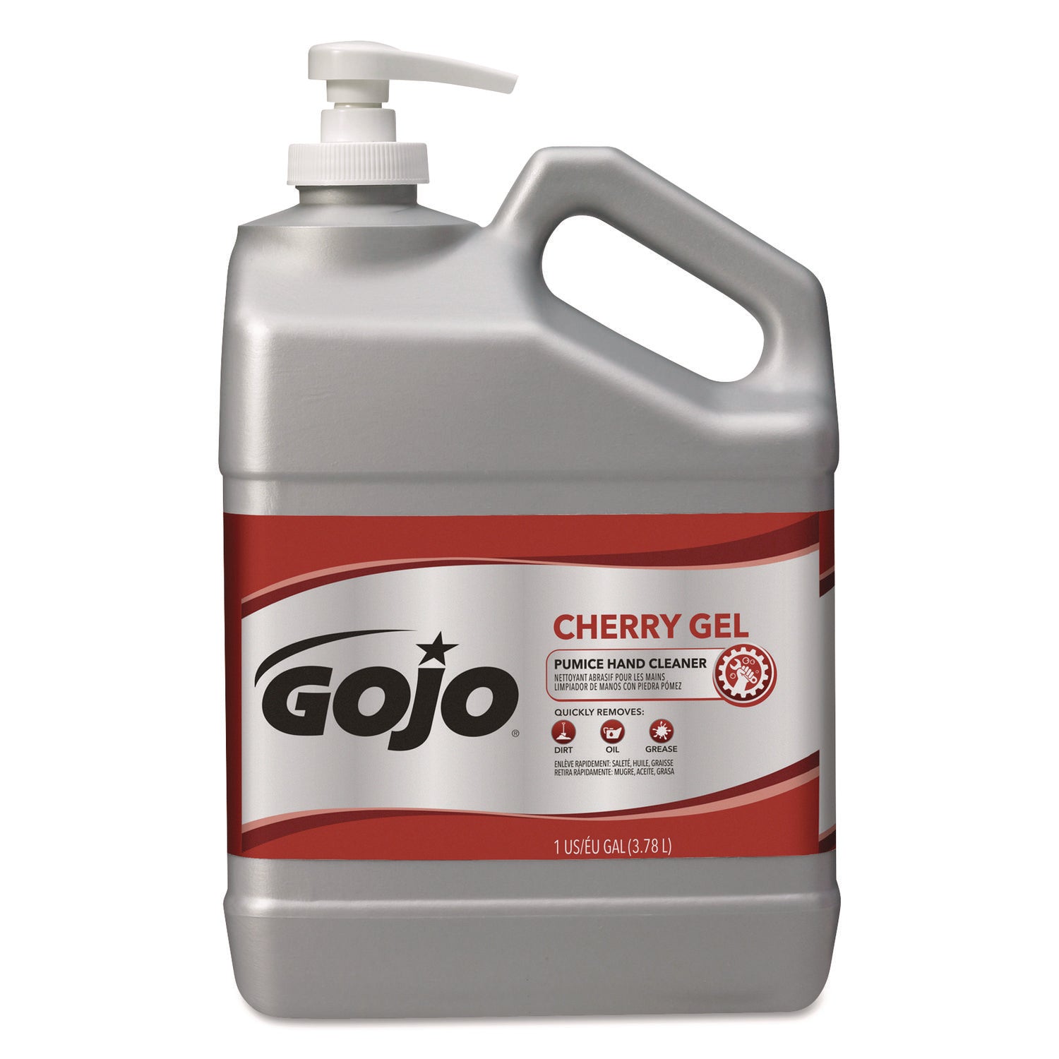 Gojo&reg; Cherry Gel Pumice Hand Cleaner - Cherry Scent - 1 gal - Pump Bottle Dispenser - Dirt Remover, Grease Remover, Oil Remover, Paint Remover, Tar Remover - Red - Heavy Duty, pH Balanced, Pleasant Scent - 1 Each