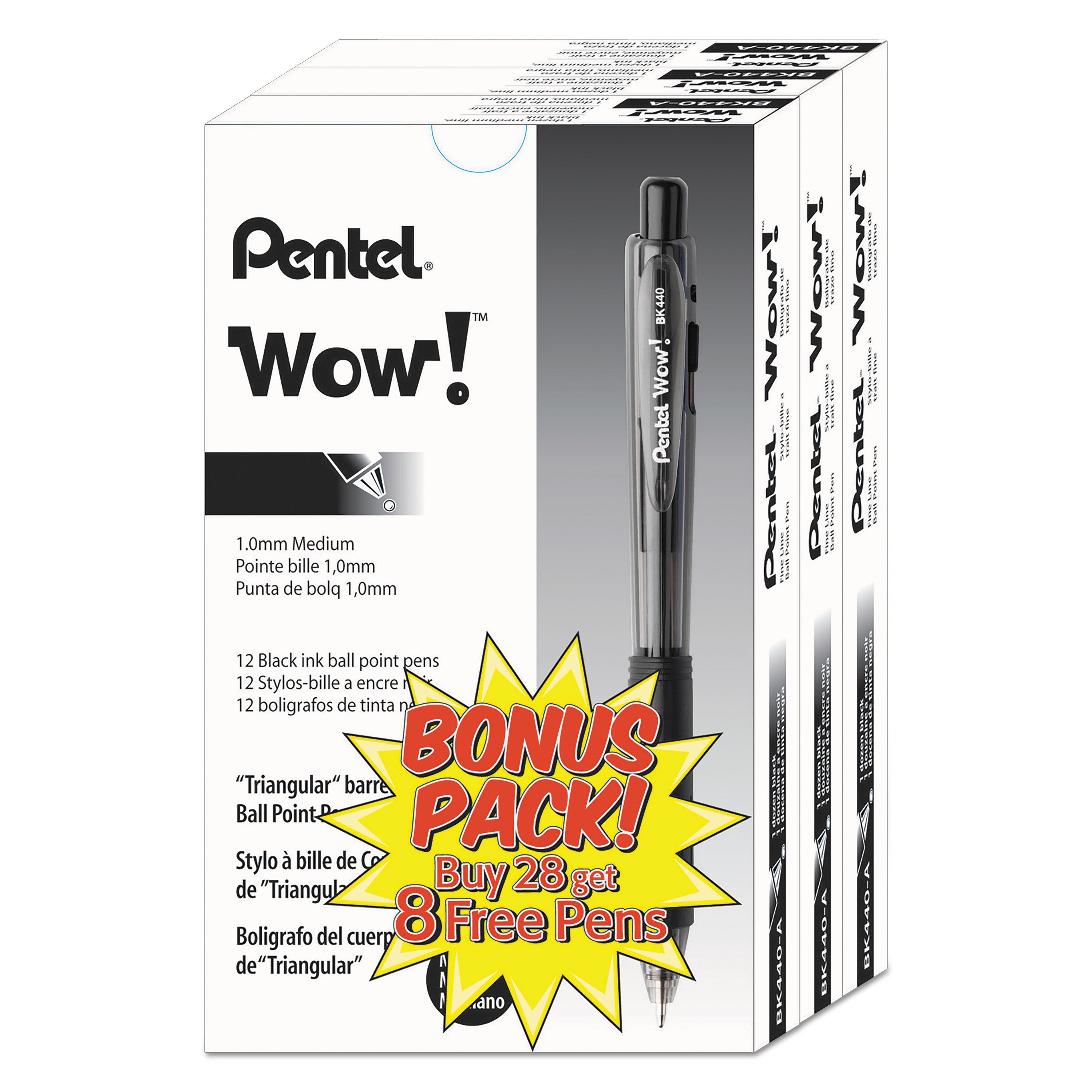Pentel WOW! Retractable Ballpoint Pens - Medium Pen Point - Refillable - Retractable - Black Ink - Transparent Barrel - 36 / Pack