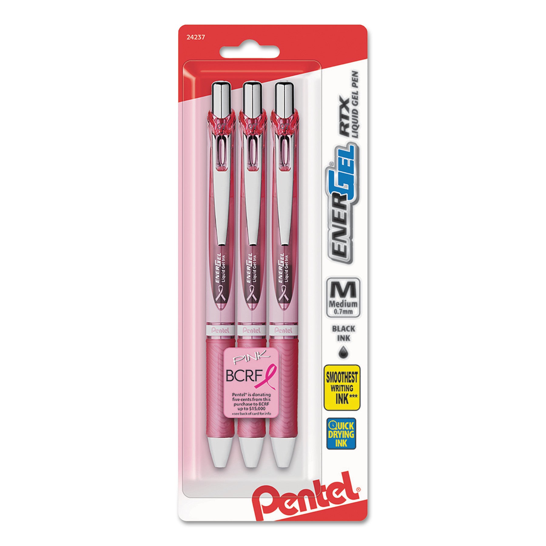 0.7 mm Medium Pen Point - Refillable - Retractable - Black Ink - Gel-based - Pink Barrel - Metal Tip - 1 Pack
