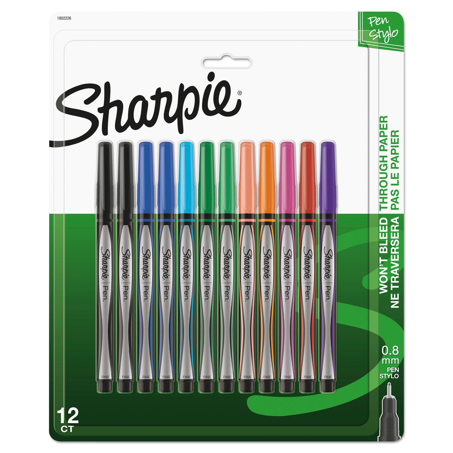 Fine Pen Point - Black, Blue, Turquoise, Green, Clover, Orange, Hot Pink, Red, Purple, Coral Ink - Black Barrel - 12 / Pack