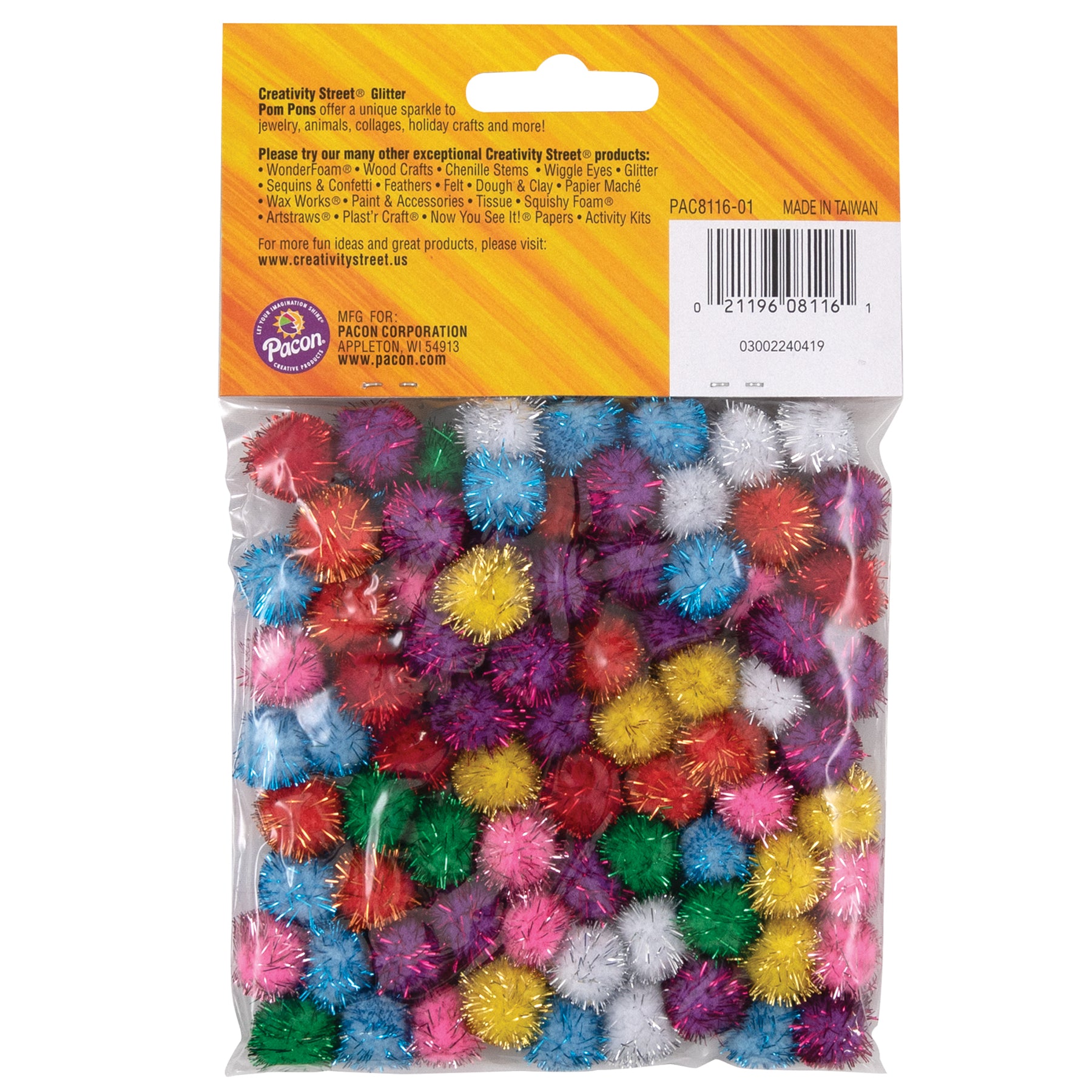 Glitter Pom Pons, Assorted Colors, 1/2", 80 Pieces