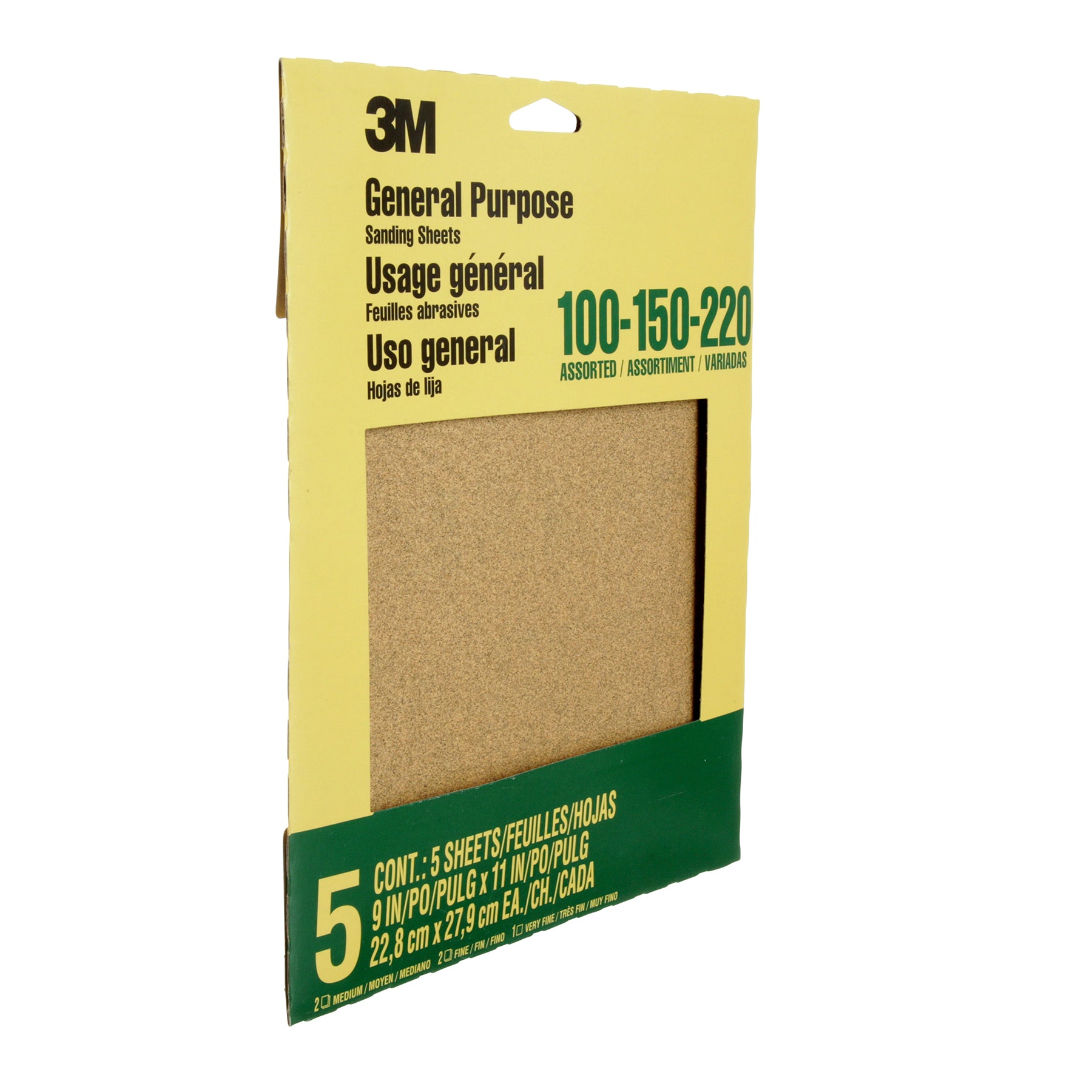 General Purpose Sanding Sheets, 100, 150, 200 Grit Assortment, 9" x 11", 5 Sheets