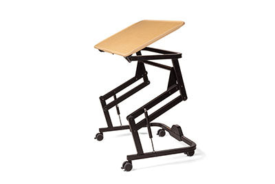 Rifton Adaptive Desk with Casters, Tilt, Maple Top with Raised Edge, Elbow Supports, Side Storage Box, Anti-tip Rollers, Device Mount Adapter, and Slide on Ledge
