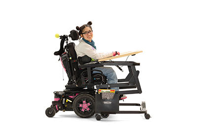 Rifton Adaptive Desk with Casters, Tilt, Maple Top with Raised Edge, Elbow Supports, Side Storage Box, Anti-tip Rollers, Device Mount Adapter, and Slide on Ledge