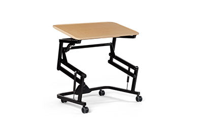 Rifton Adaptive Desk with Casters, Tilt, Maple Top with Raised Edge, Elbow Supports, Side Storage Box, Anti-tip Rollers, Device Mount Adapter, and Slide on Ledge